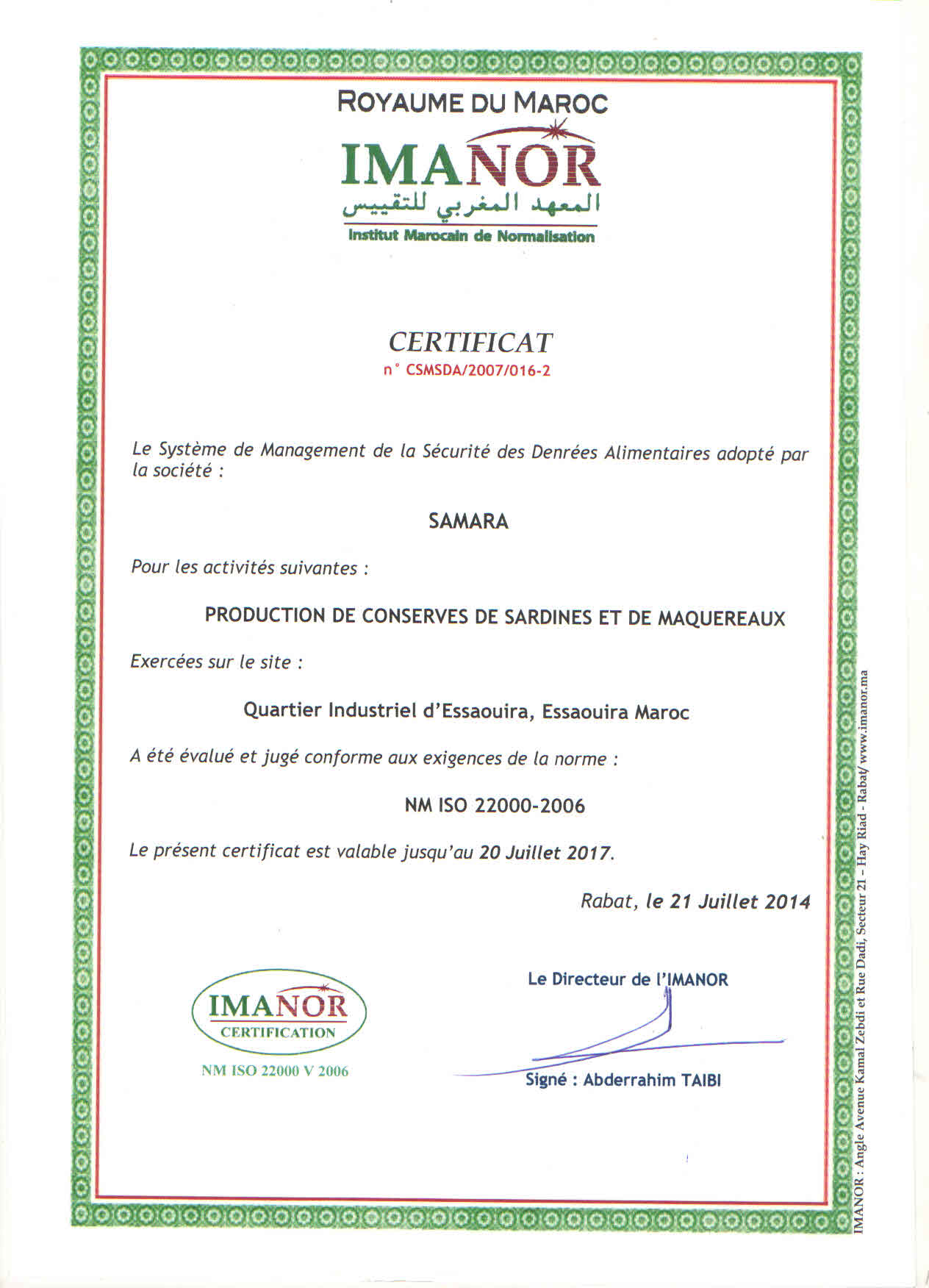  CERTIFICAT NM ISO 22000 - Simpa Samara