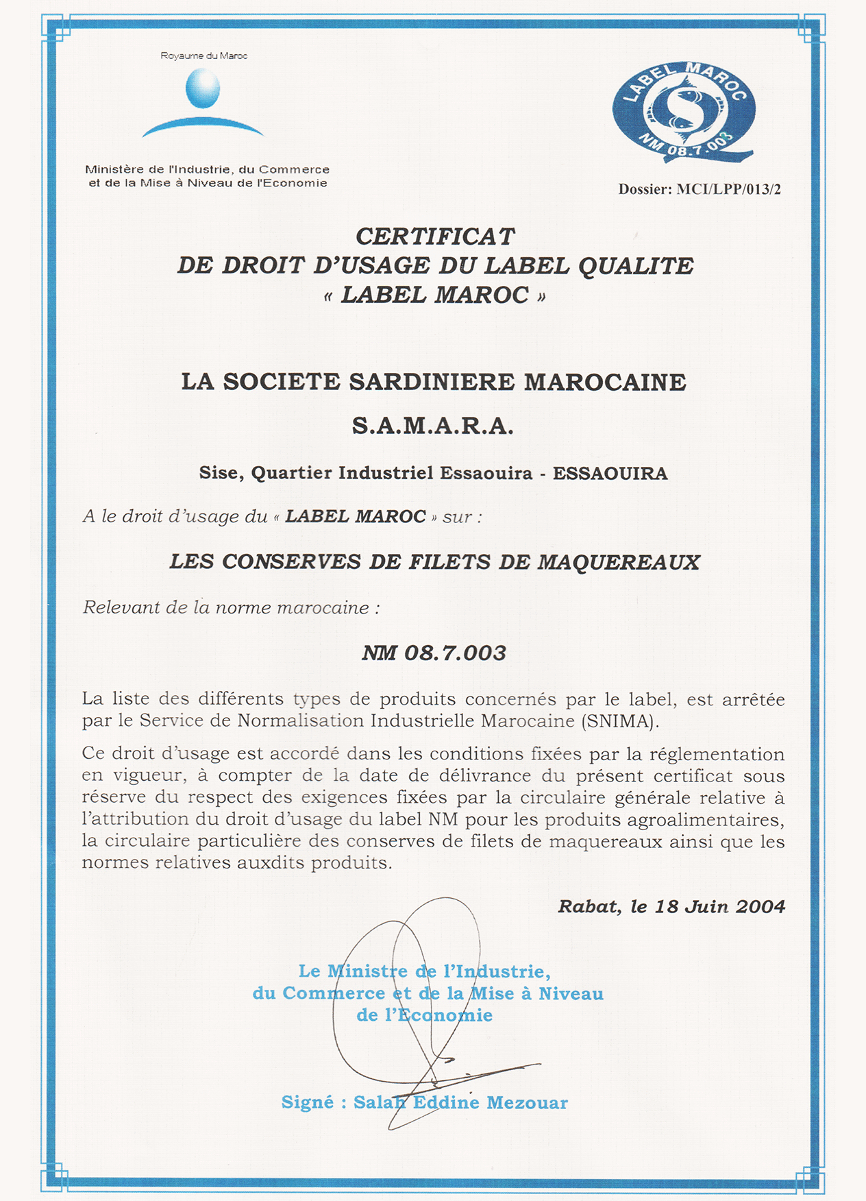 CERTIFICAT DROIT D'USAGE LABEL QUALITE - Simpa Samara