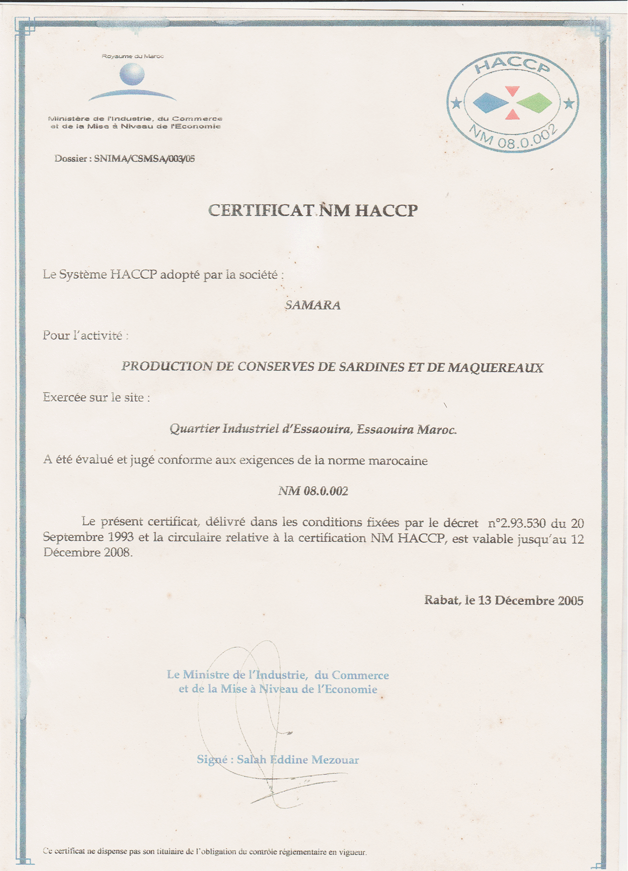 CERTIFICAT NM HACCP - Simpa Samara
