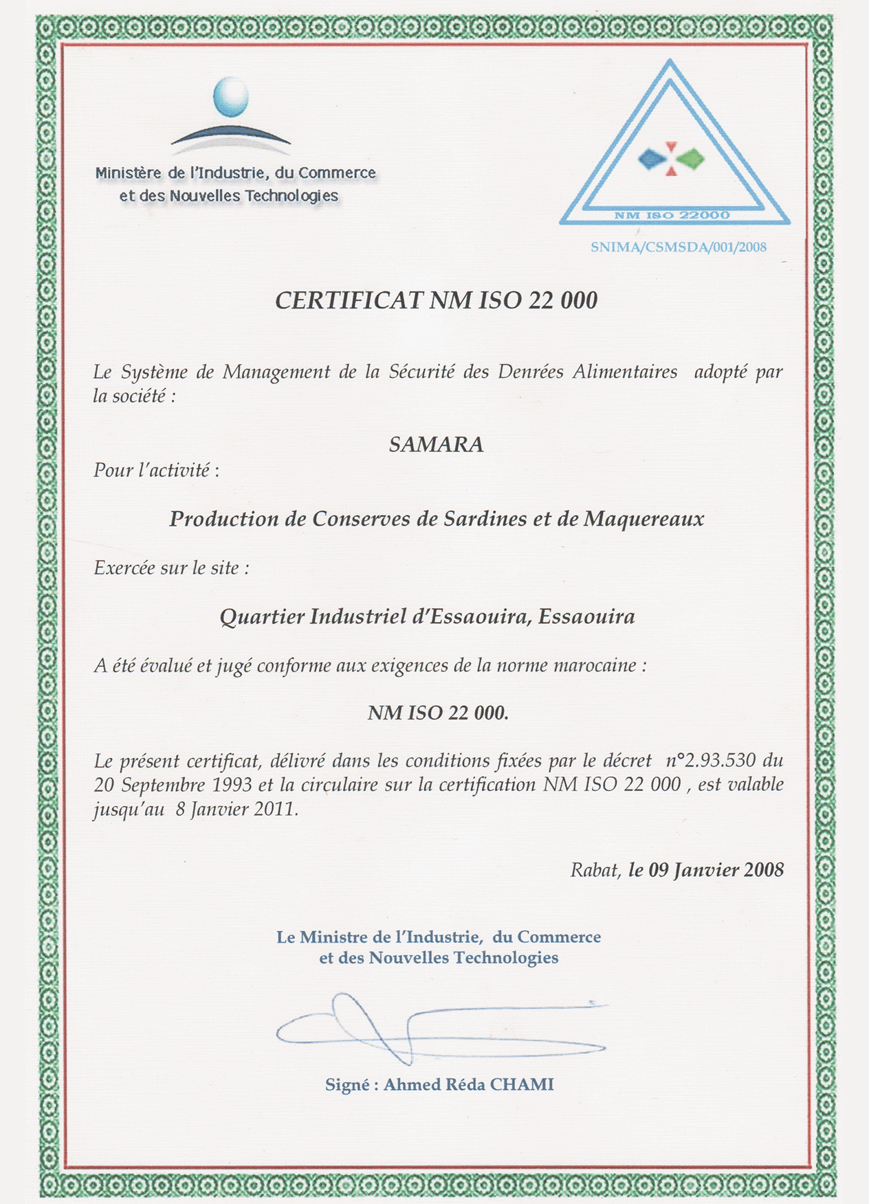  CERTIFICAT NM ISO 22000 - Simpa Samara